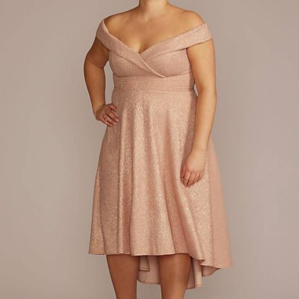NWT Oleg Cassini Women's 16W Off-The-Shoulder High Low Metallic Dress